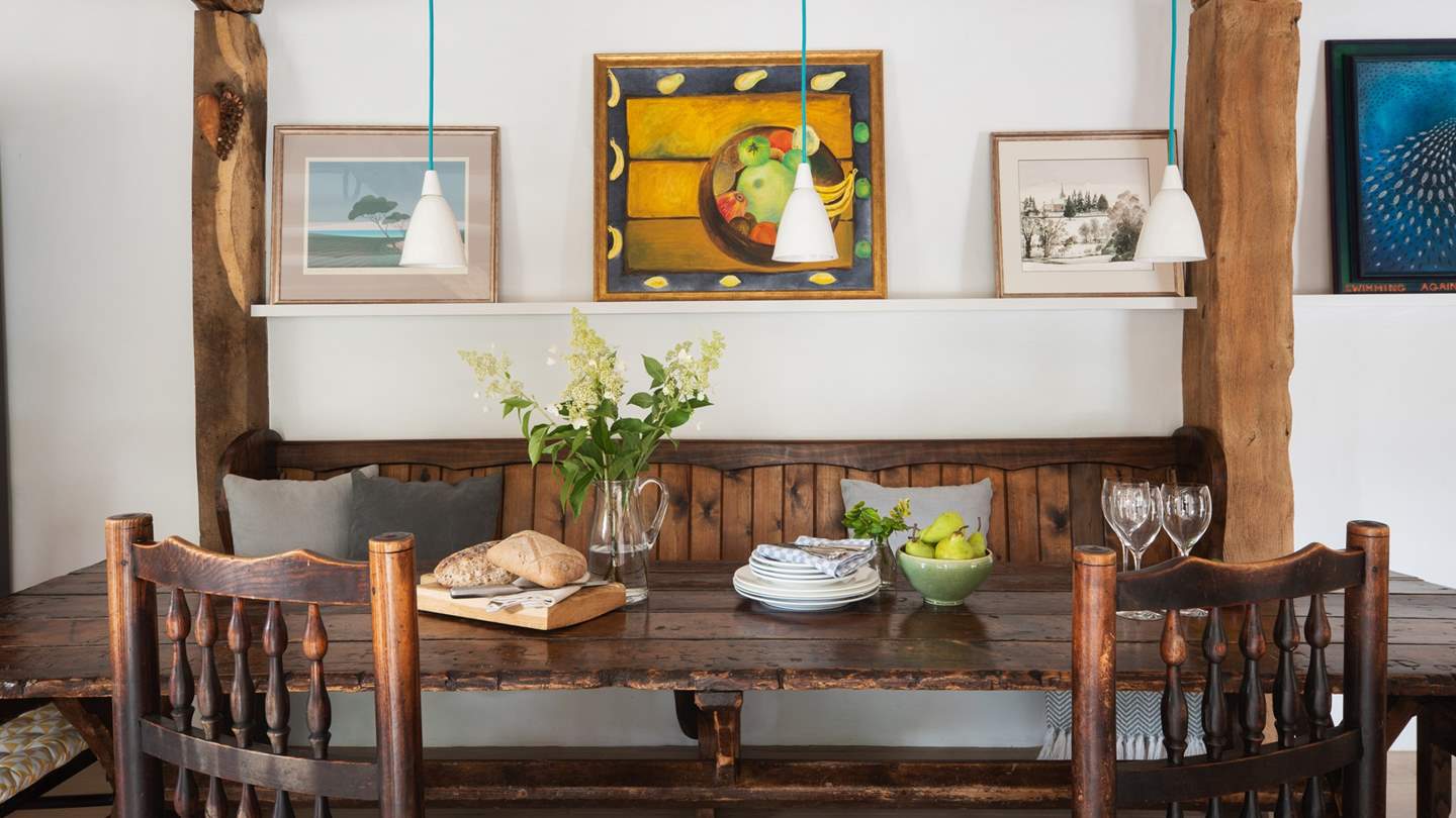 This characterful wooden bench is perfect for casual lunches