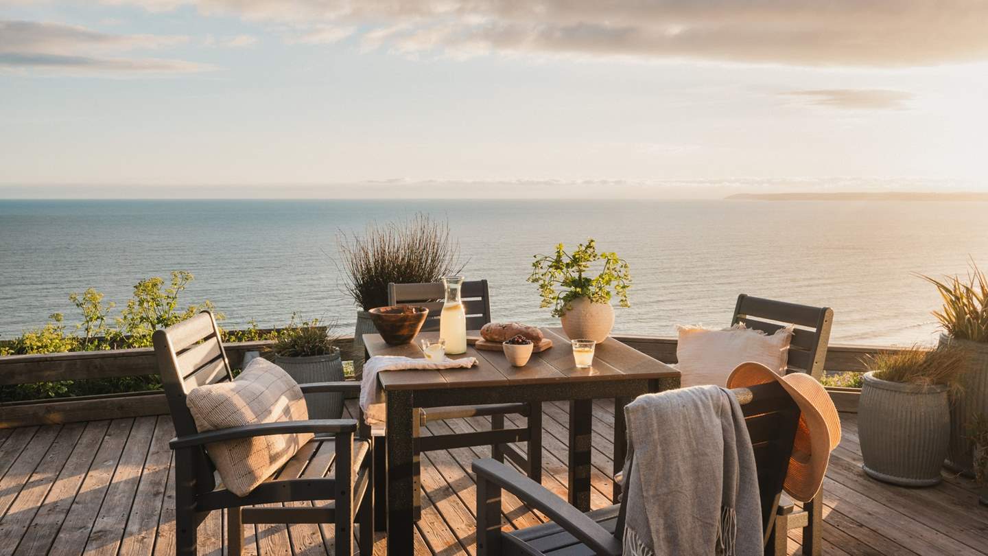 The wooden deck perfectly frames endless ocean views, an invitation to make dreamy staycation memories