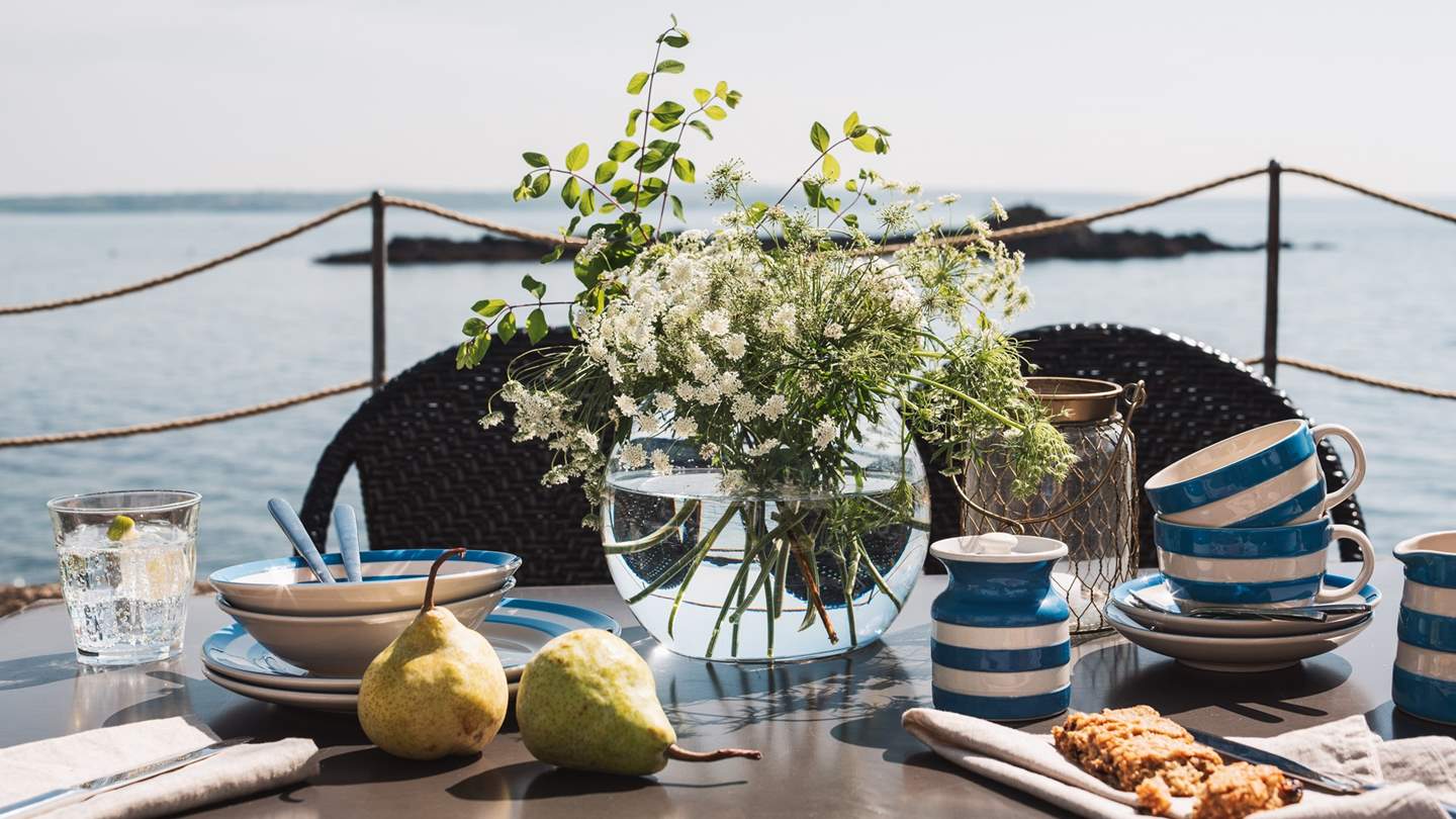 What could be better, a seaside view, Cornishware stripes and tasty local goodies?