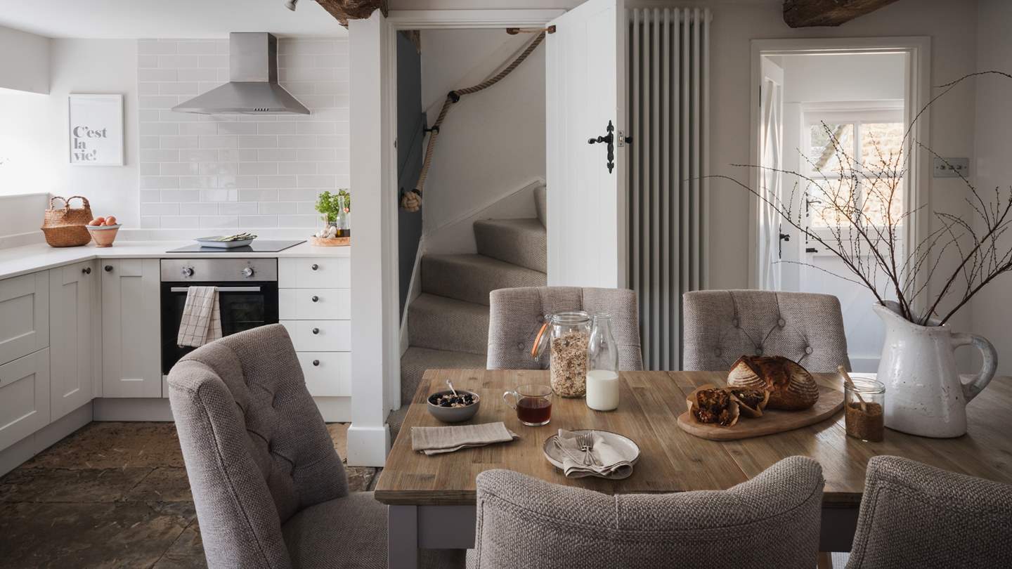 We adore the pretty quartz worktops and porcelain handmade English tiles that contrast beautifully with the original stone floor which dates to the 1500s