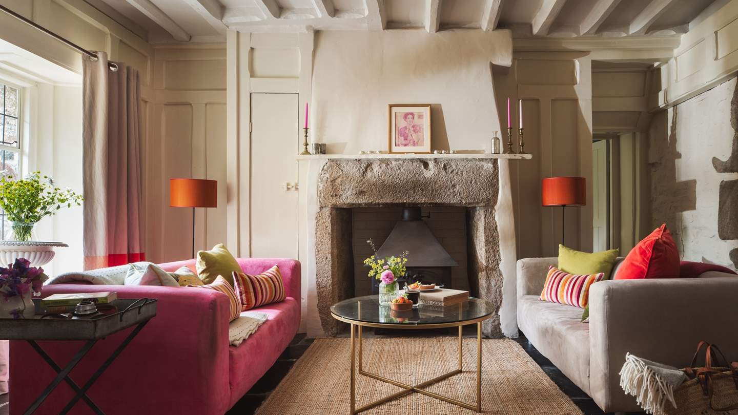 Place Barton has two sitting rooms, we just love the stone fireplace here
