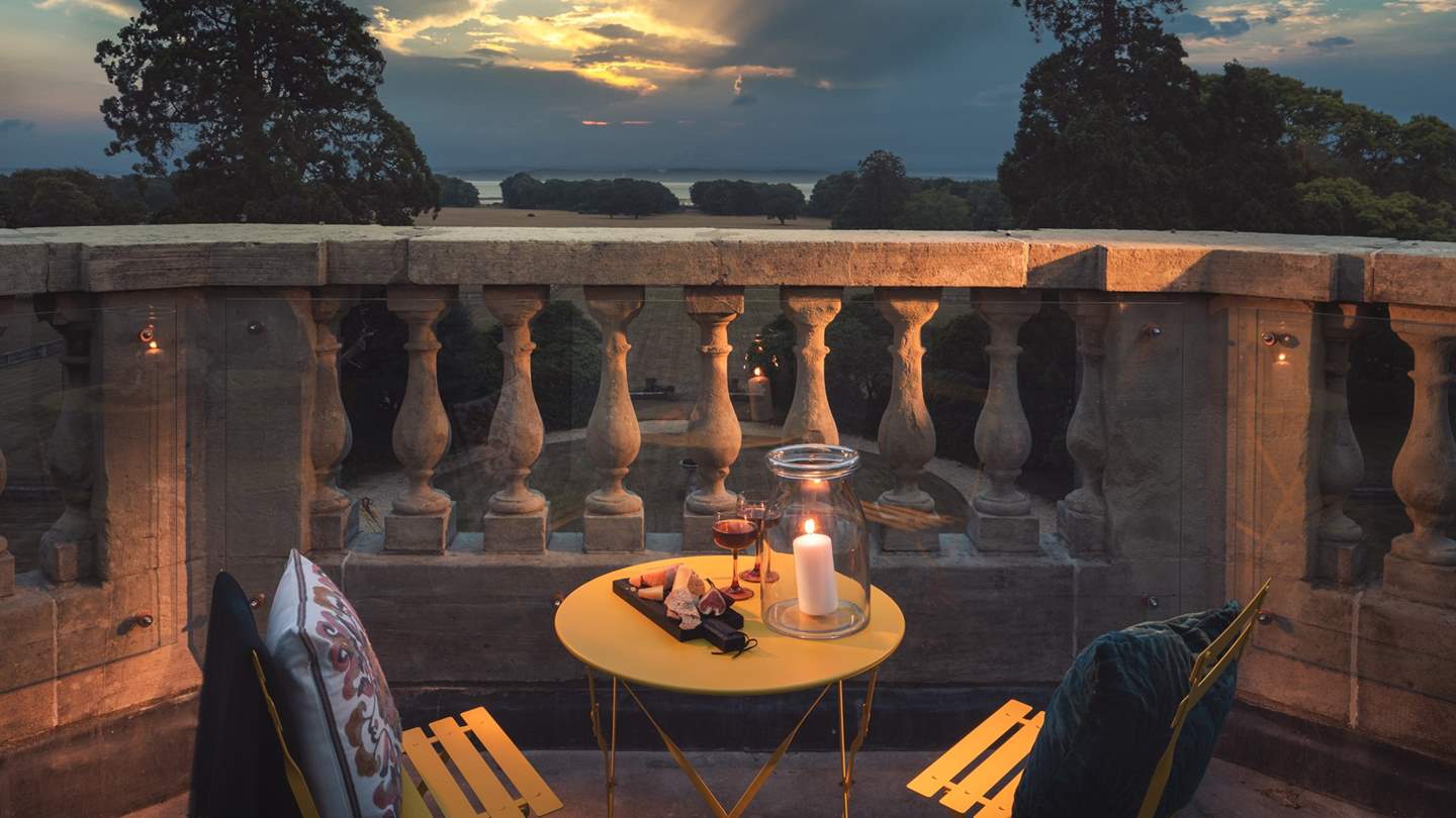 On the roof is a wonderful terrace with spectacular views across the grounds and out to sea