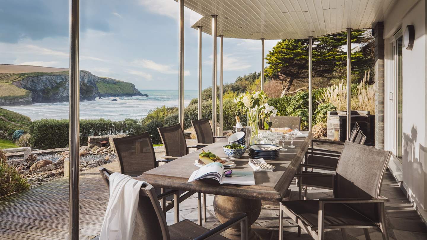 Enjoy meals overlooking Mawgan Porth Beach - the perfect setting for summery days, or wrapped up in blankets at night watching the stars
