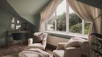 Wake up to charming sea views each morning in this calming bedroom