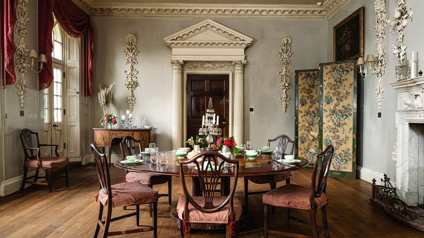 The grand dining room can be set up as large or as small for mealtimes