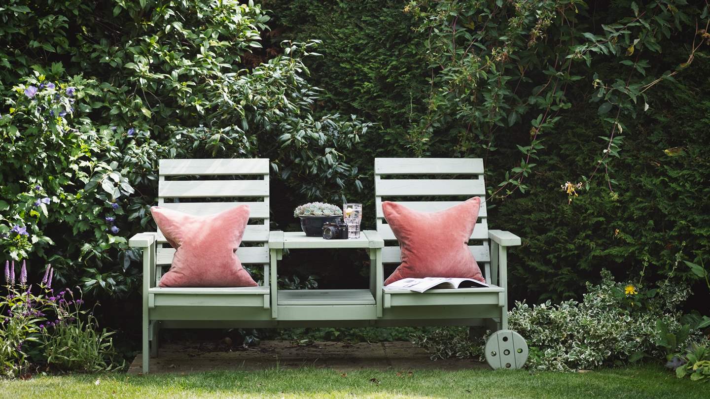 Please note that the loveseat has been updated to a teak bench with an accompanying coffee table 