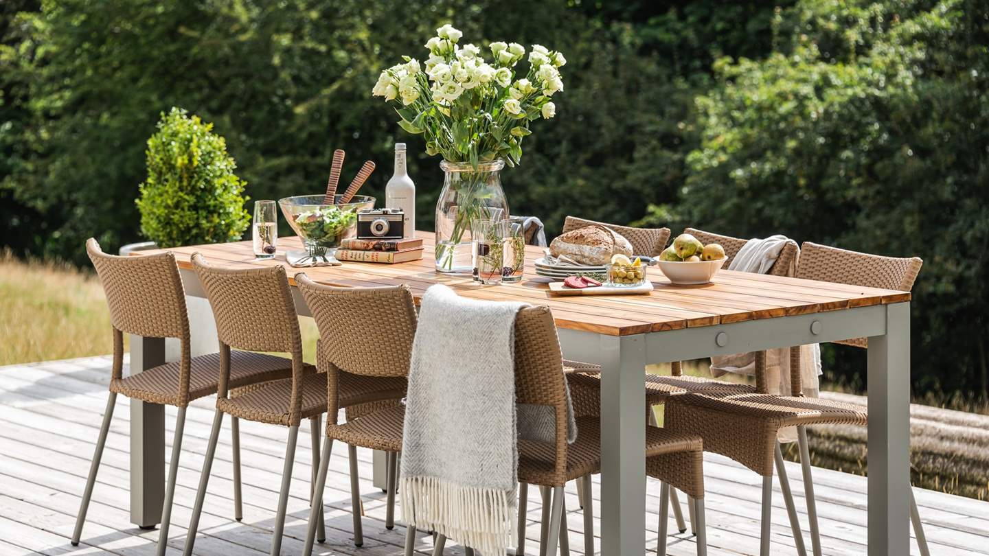 Where a glorious decking area looks out over endlessly rolling country scenes