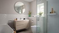With freestanding bath and large walk in shower, this en suite is truly dreamy