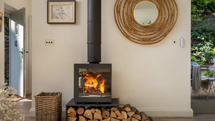 We just adore the contemporary wood burning stove