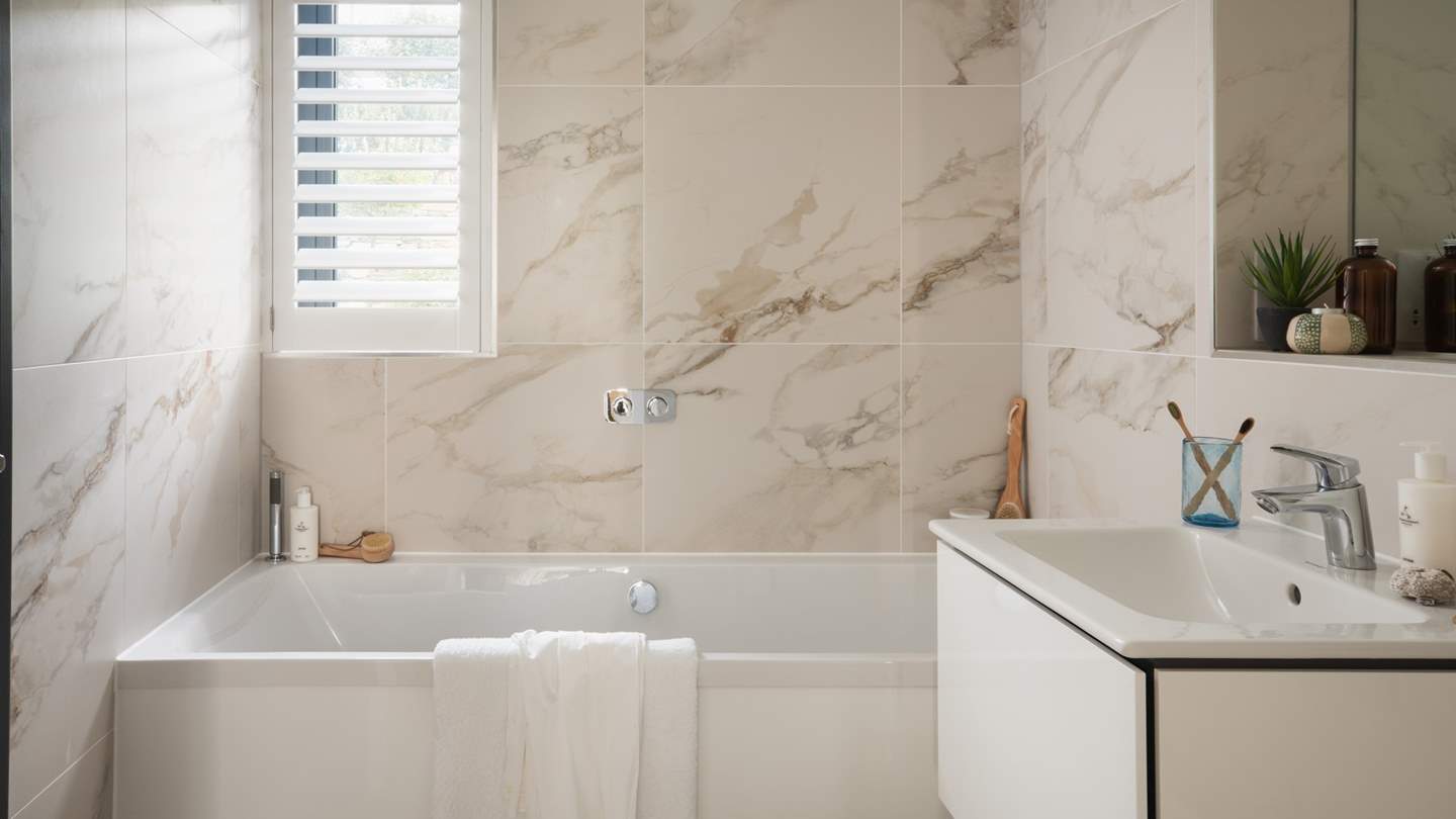 The en suite bathroom features an adorable French shutter window and beautiful marbled tiling 