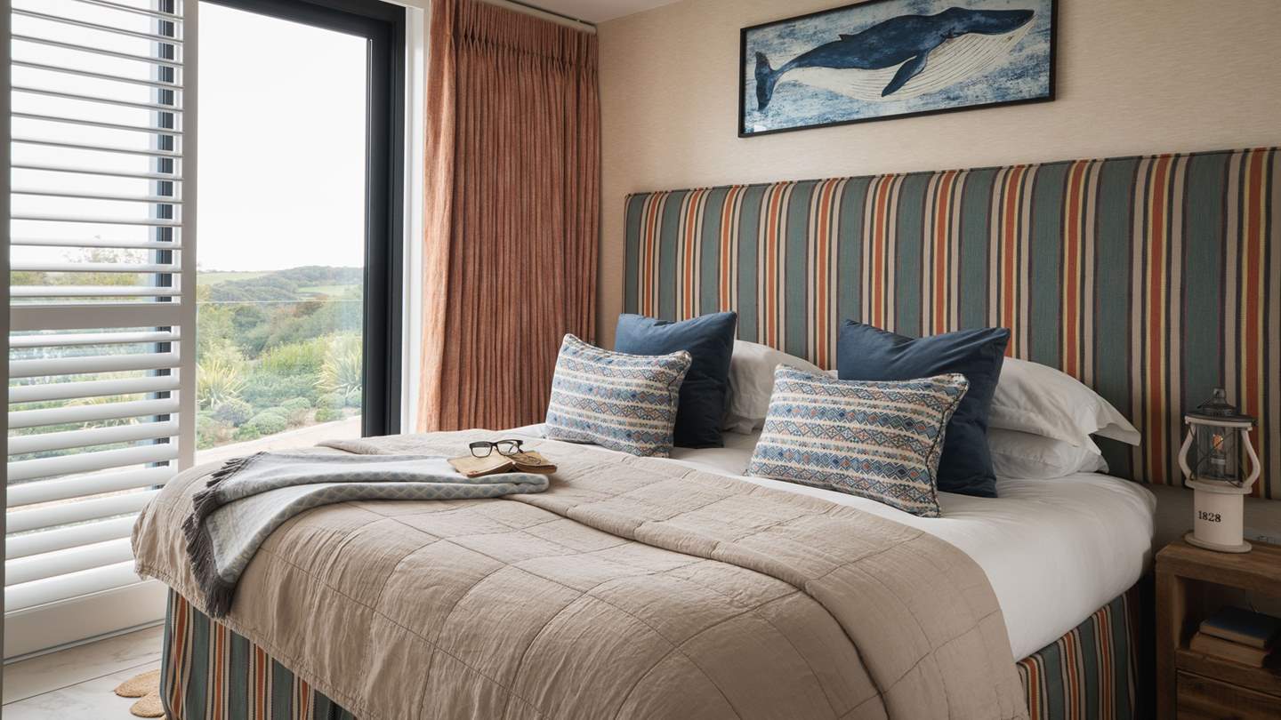 The second bedroom also benefits from floor-to-ceiling sliding doors with French-style sliding doors