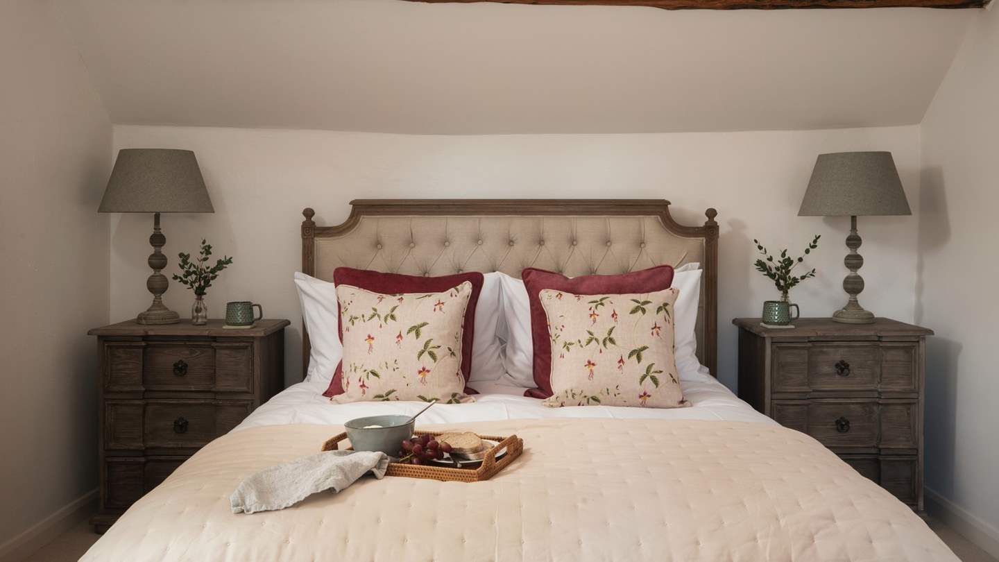 Complete with original beams and botanical prints, this boudoir promises only the most restful slumbers