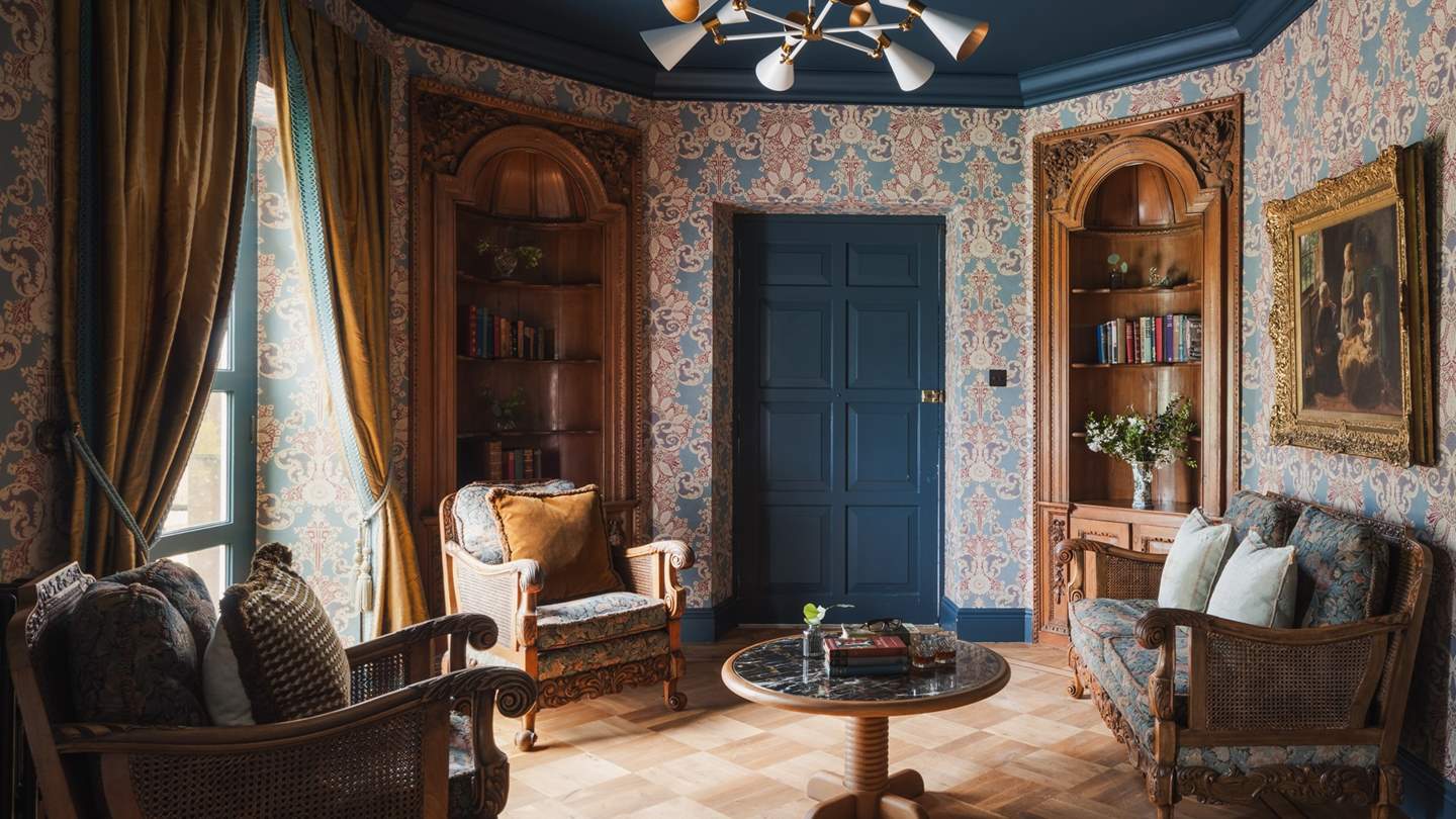 Eden Hall is also home to an intimate drawing room with cosy armchairs and shelves of books