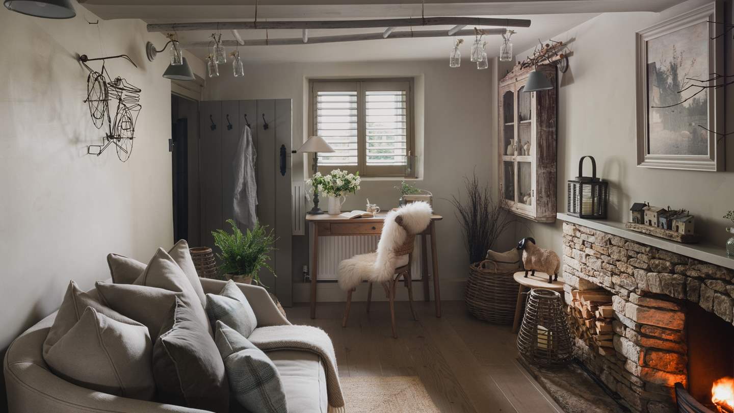 Retreat to the elegant snug with two comfortable armchairs, plush blankets, and a timeless open fire, settled within a beautiful cobble stone fireplace