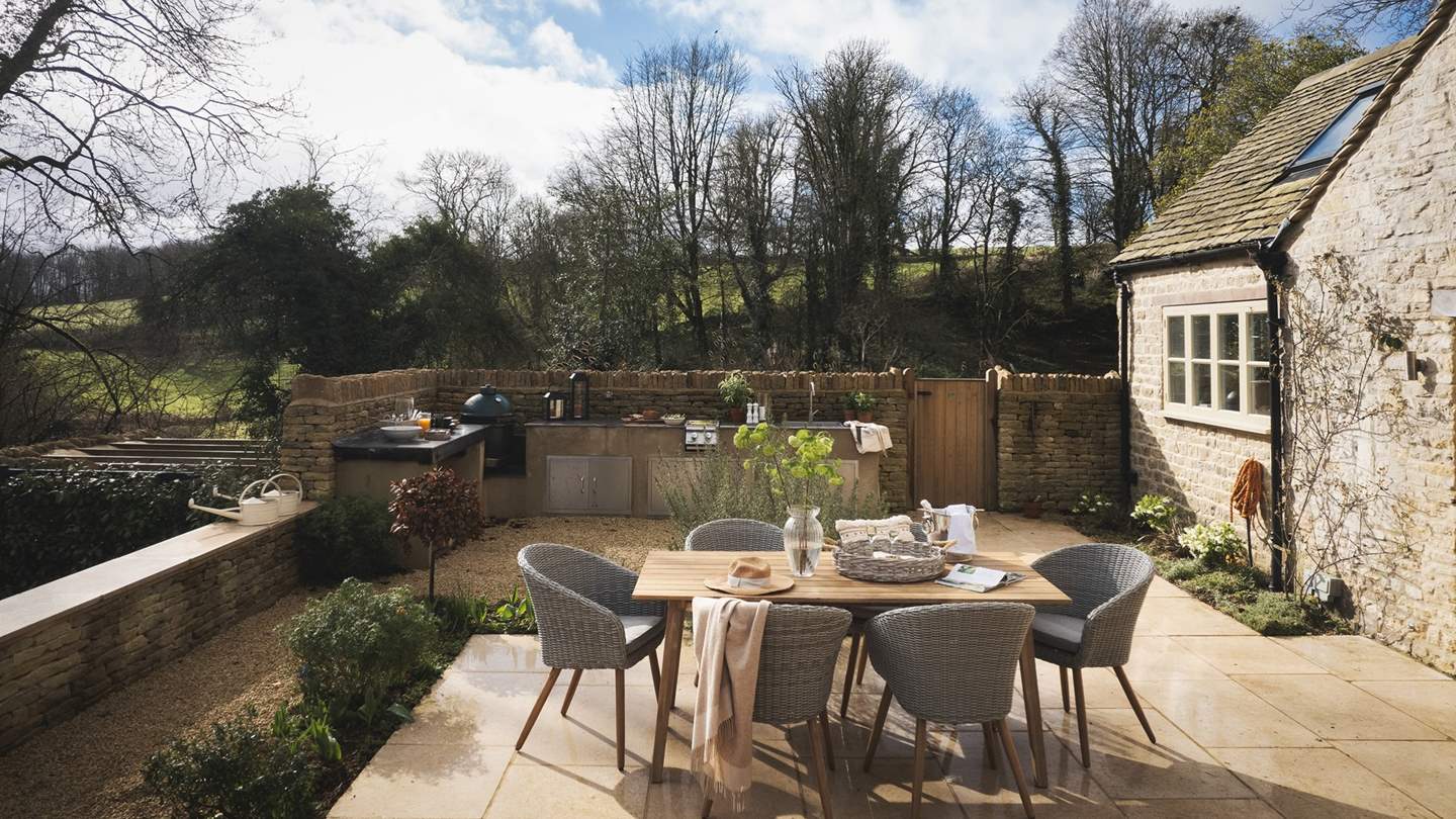 Designed with a fully-equipped, fitted kitchen, complete with a built-in Green Egg barbeque, sink and two-ring gas hob...