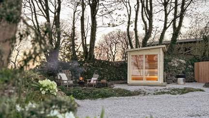 An electric sauna resides for moments of wellness in the wild...
