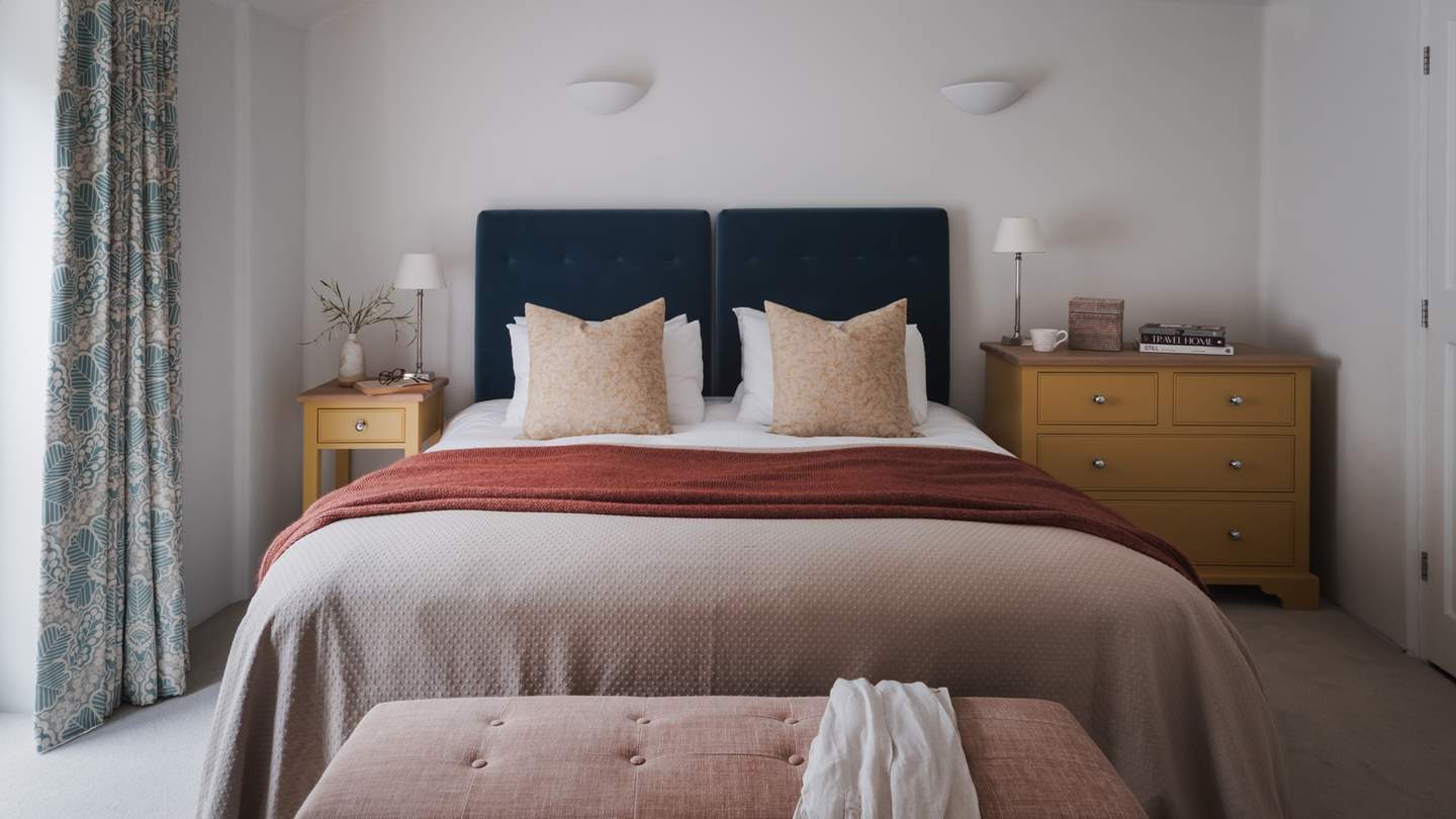 Bathed in calming hues and illuminated by dimmer lights, it has a super king bed with a Kingfisher blue headboard and warm cushions and throws