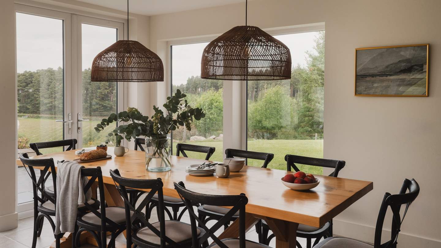 Gather for feasts around the farmhouse-style dining table