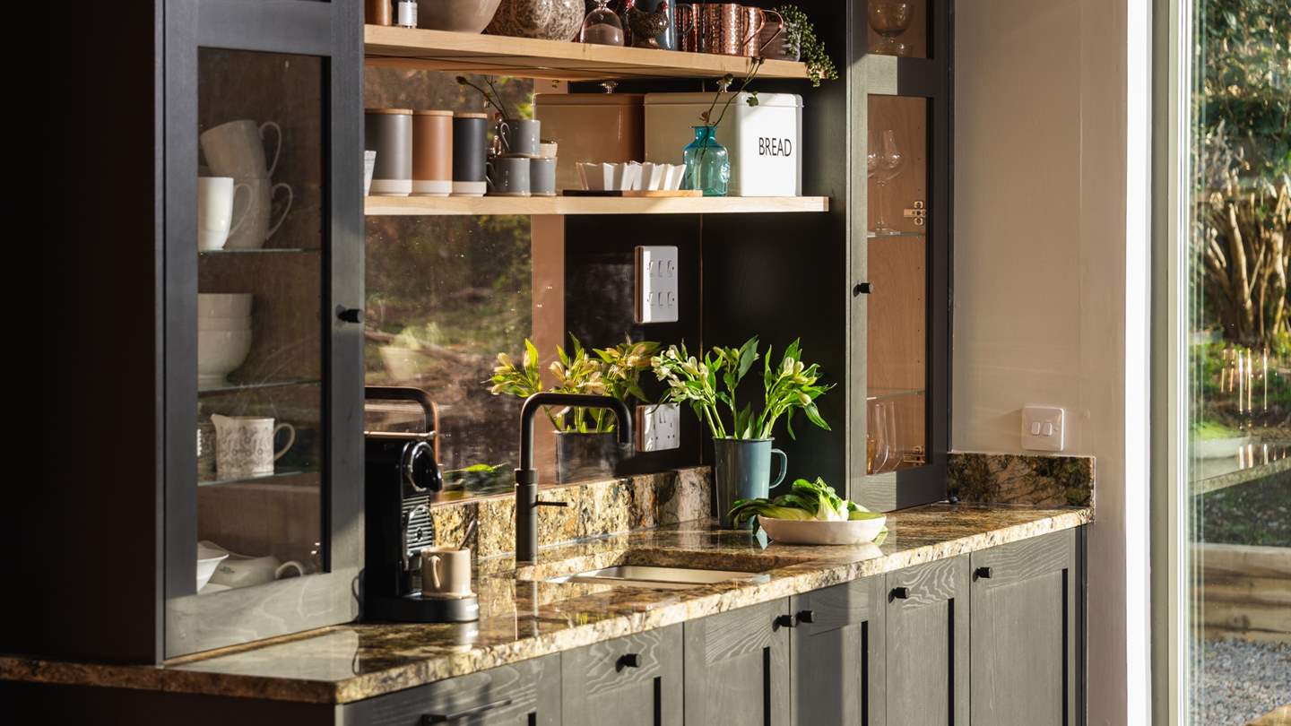 Enjoy brewed beverages of every variety, with a Nespresso coffee machine, Quooker hot tap and a Hotel Chocolat Velvetiser 