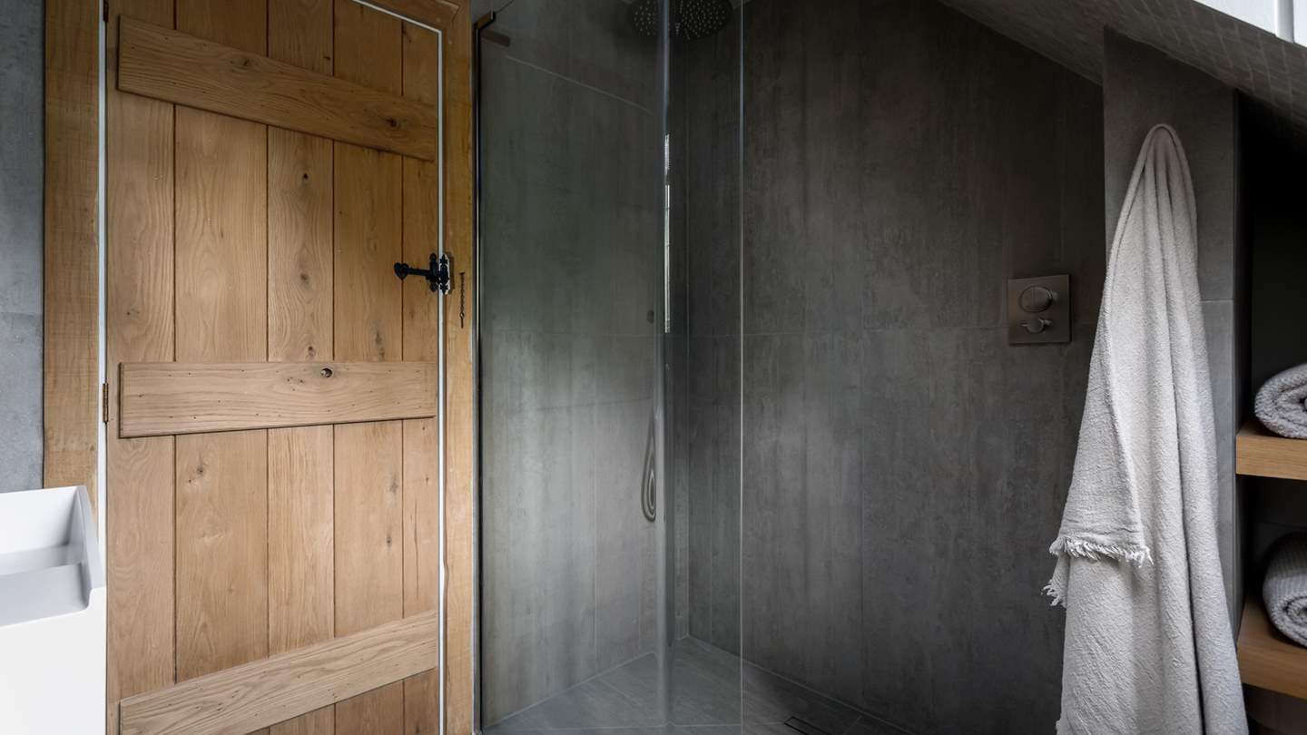 Here you'll find a walk-in shower with a heated rail