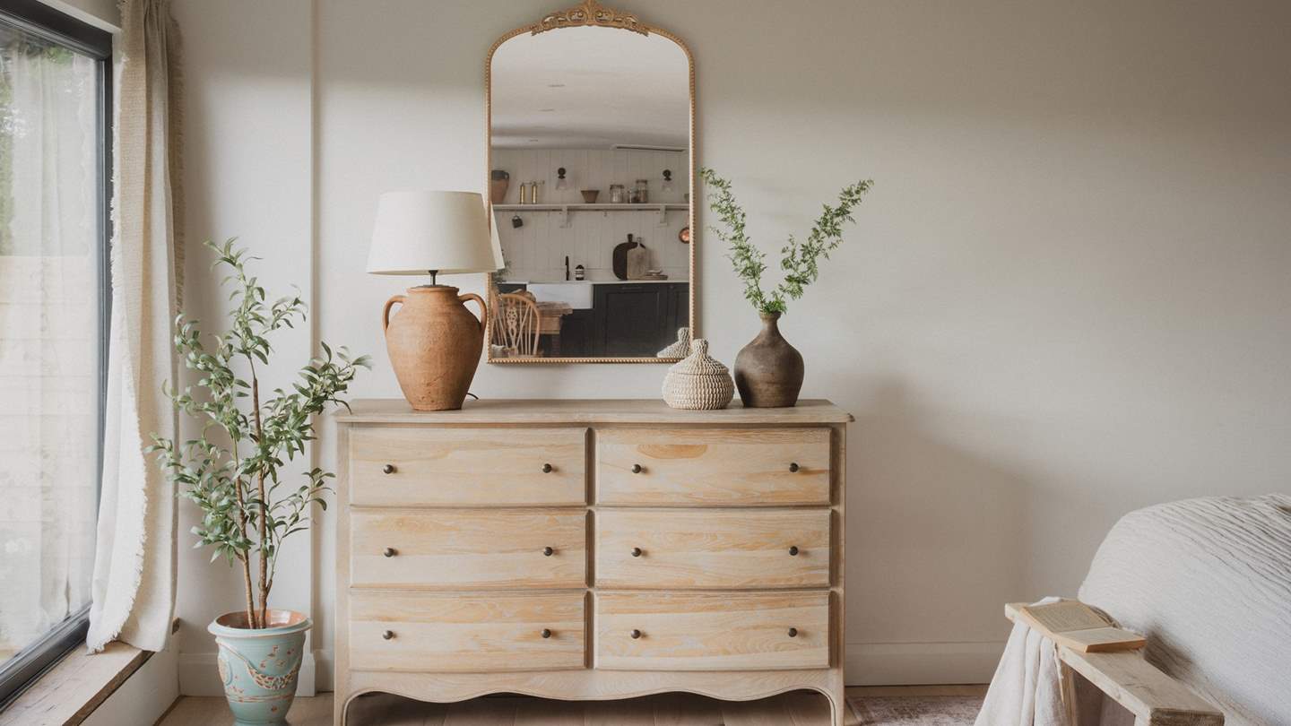 For storing belongings, you’ll find a chest of drawers from the Cotswold Company, accompanied by a terracotta lamp from Kiln Home and an antique brass mirror