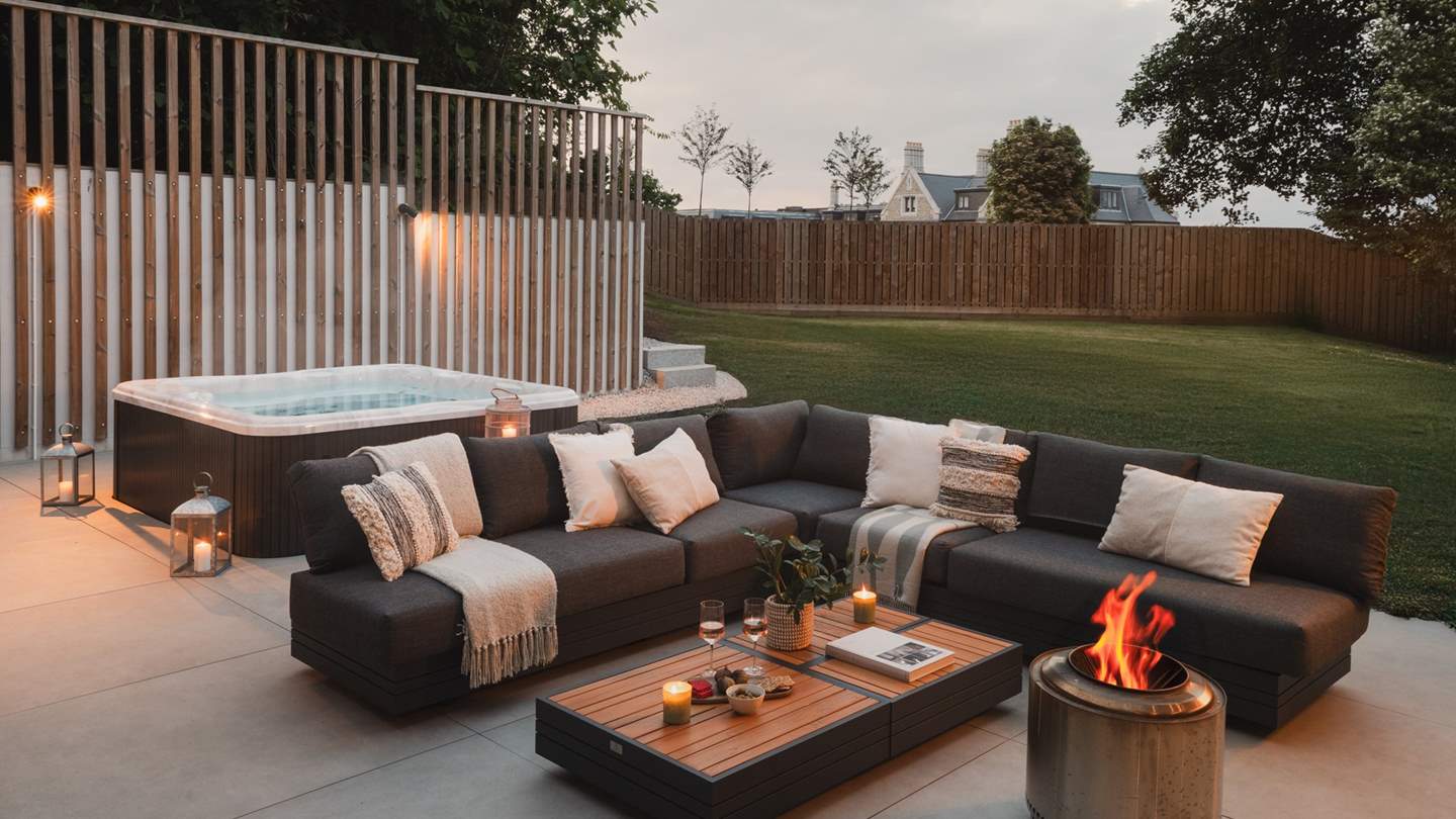 Uncover the dreamy additions of a hot tub, enchanting firepit and an outdoor cinema - promising a heavenly alfresco experience beneath starry skies