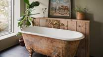 Opposite the bed is a freestanding antique bath