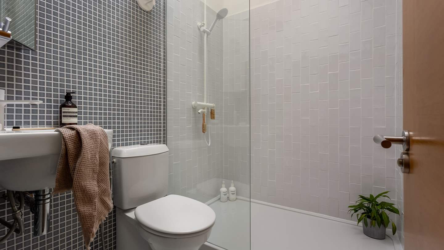 The family bathroom is complete with a large walk-in rainfall shower