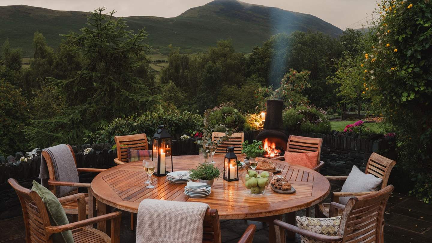 After sundown, gather with warming tipples and cosy blankets around the chiminea