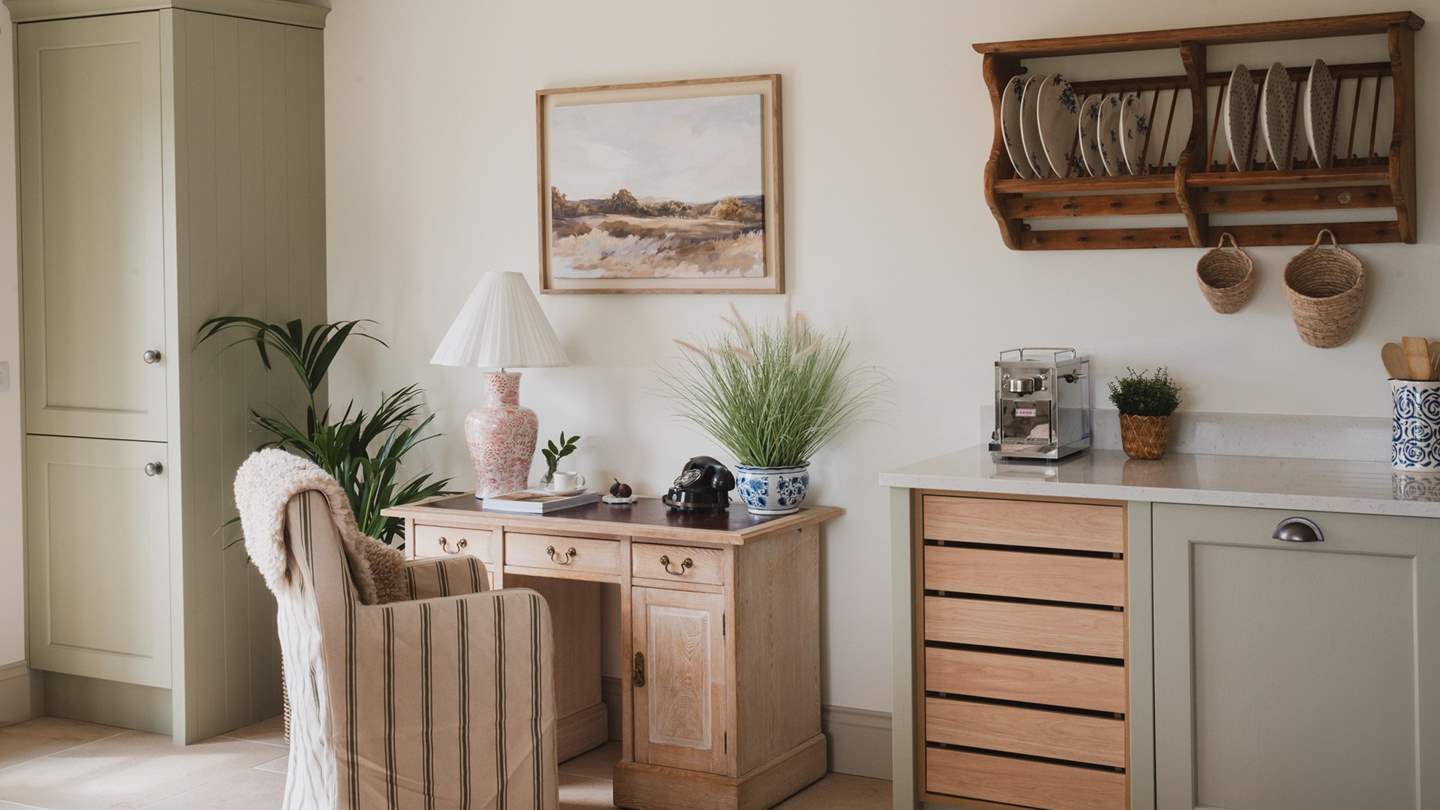 If work calls, an antique oak desk provides the perfect space to catch up on an email or two