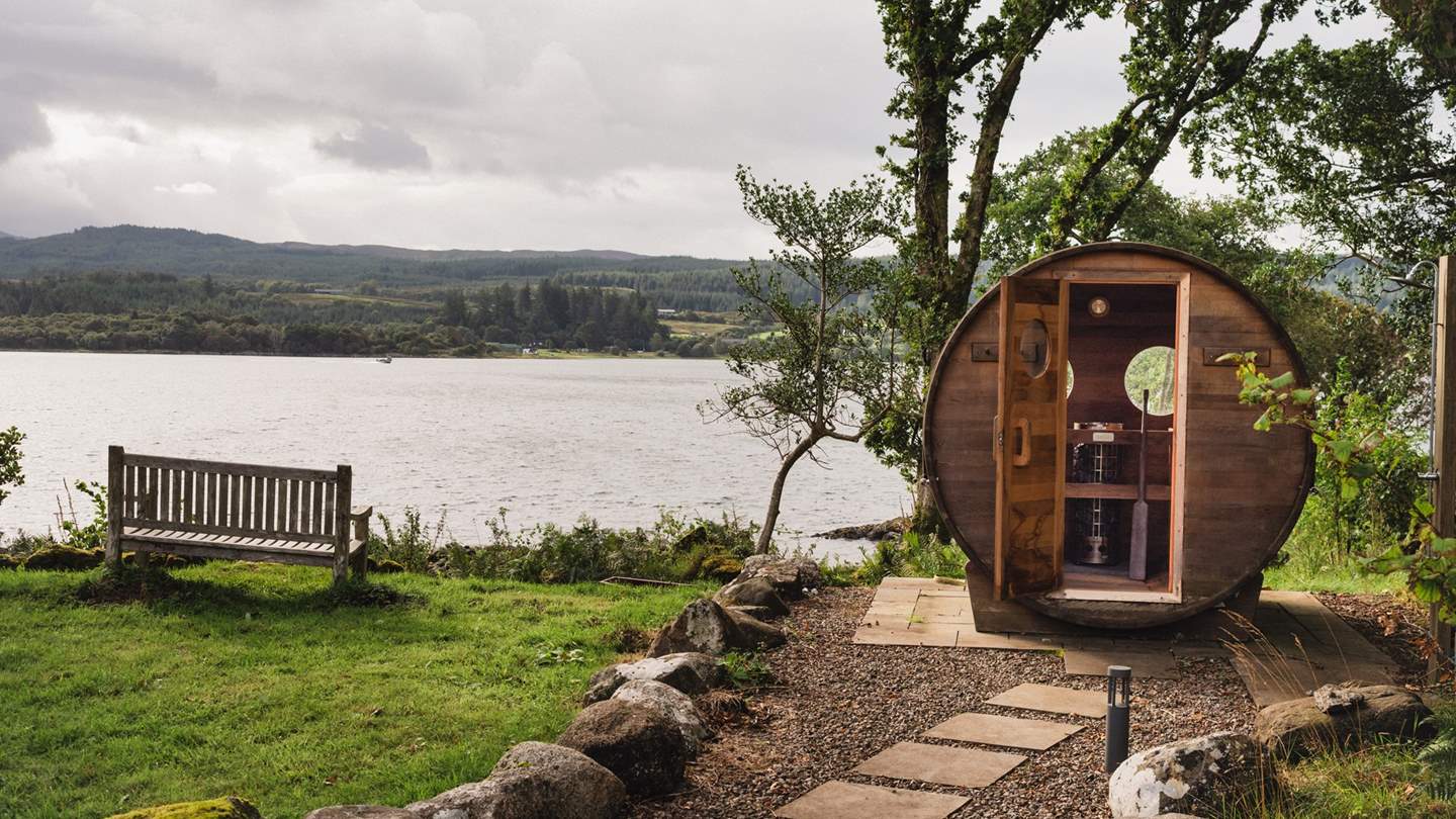 A rustic barrel sauna promises total relaxation...