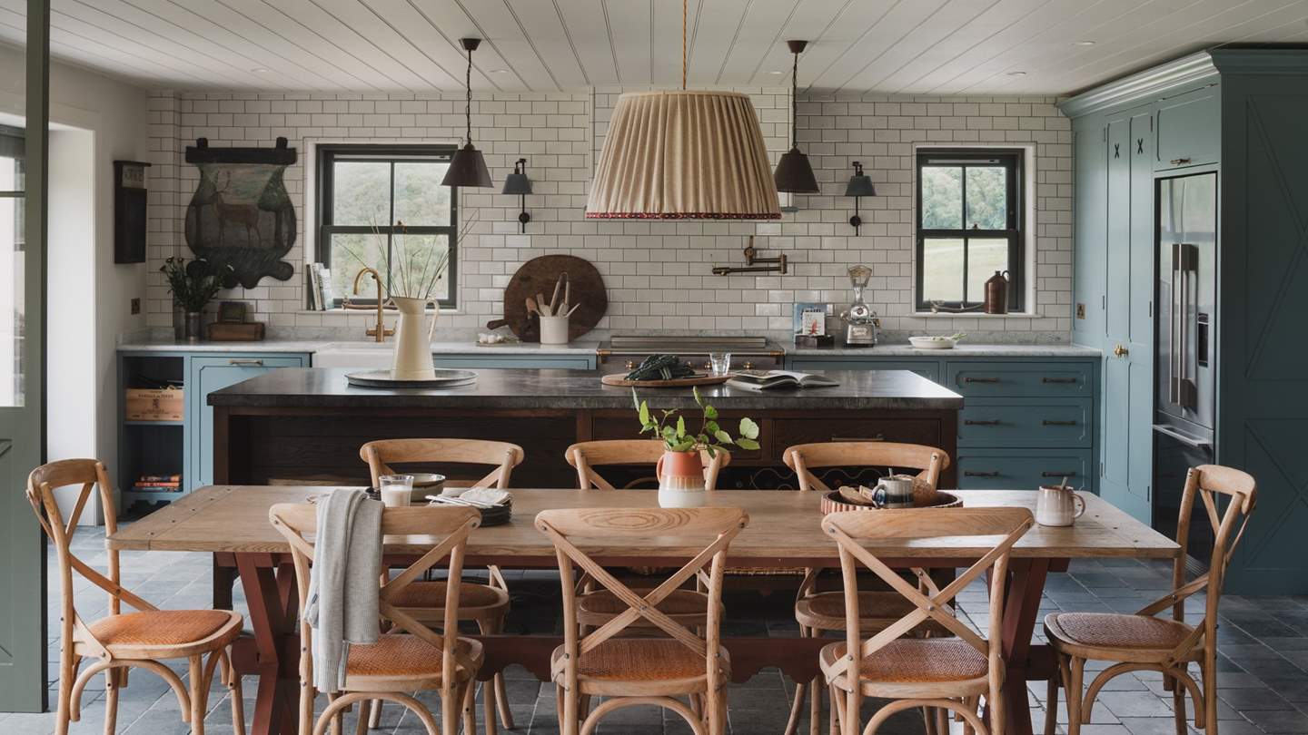 Uncover the showstopper kitchen in soft shades of blue, with bespoke cabinetry, a large kitchen island and barstool seating for two. 