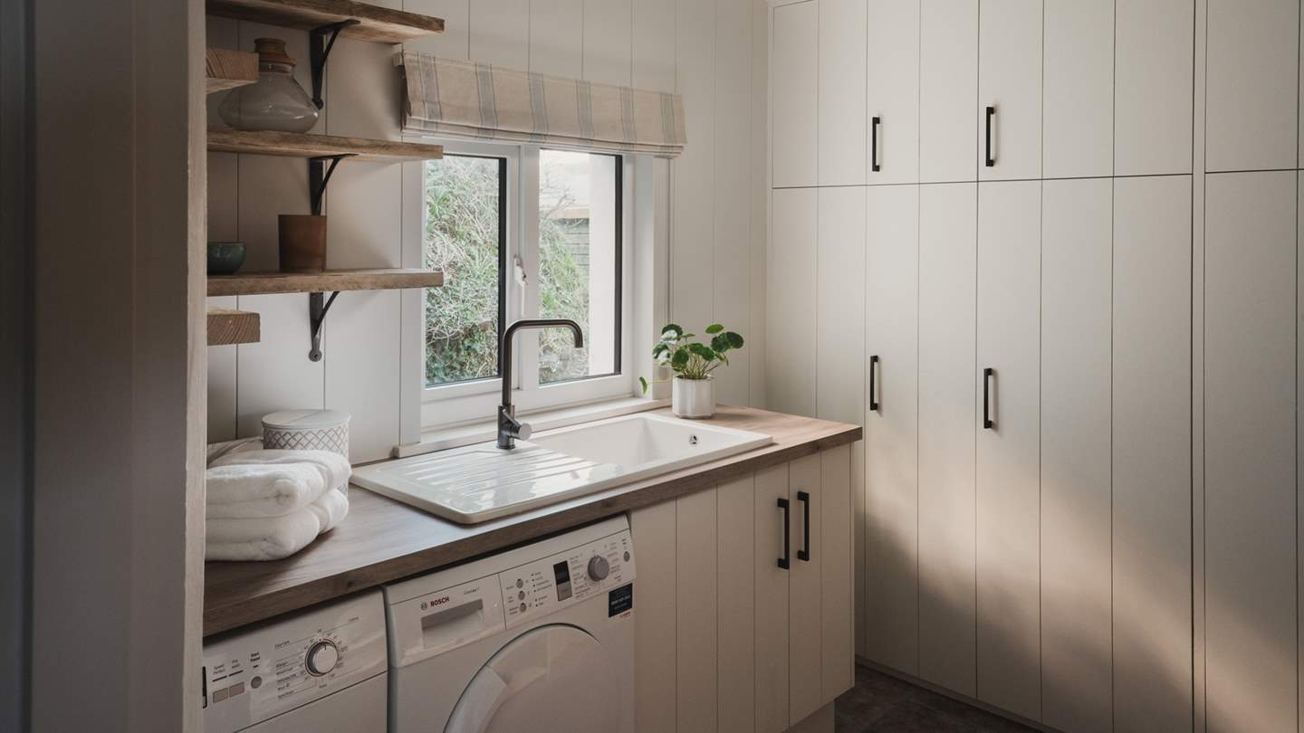 Uncover the wood-panelled utility room in seashell shades