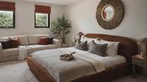 A comfortable sofa sits at the far side of the room, creating a soothing spot for unplugged rest