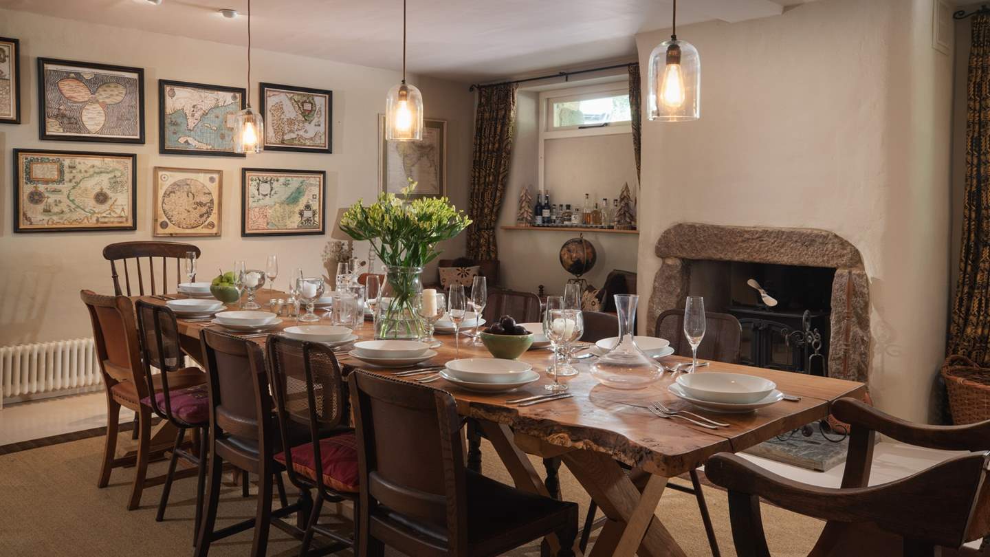 A large dining table welcomes the grandest feasts