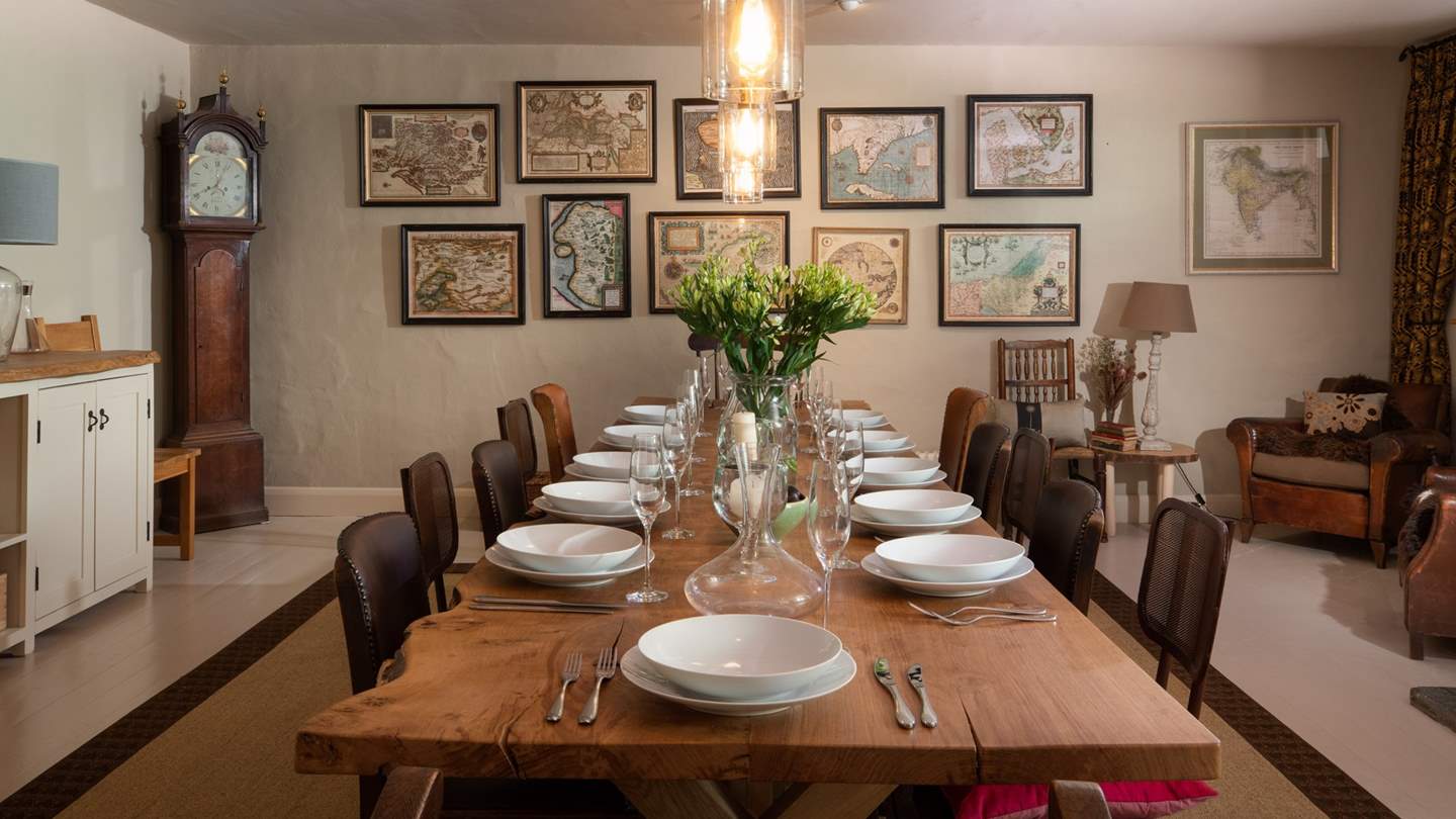 The grand dining table seats up to fourteen