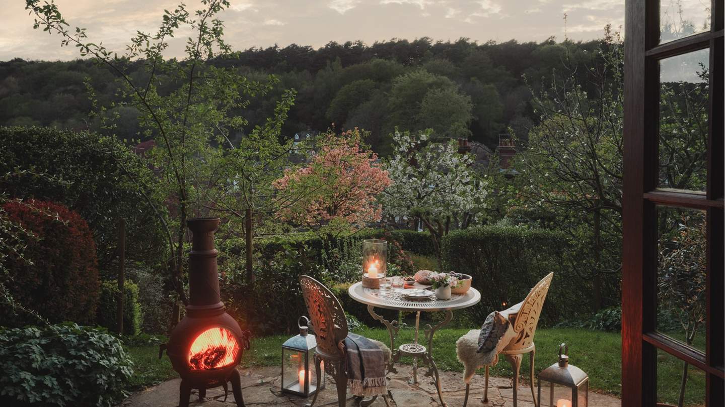 After dark, gather beside the warming glow of the firepit, listening to the soothing sounds of nature - please note that the chimenea has been replaced with a firepit 